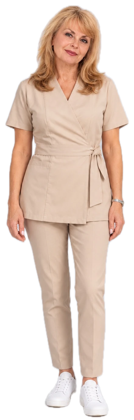 Natalia, Certified Medical Esthetician, smiling in a beige spa uniform